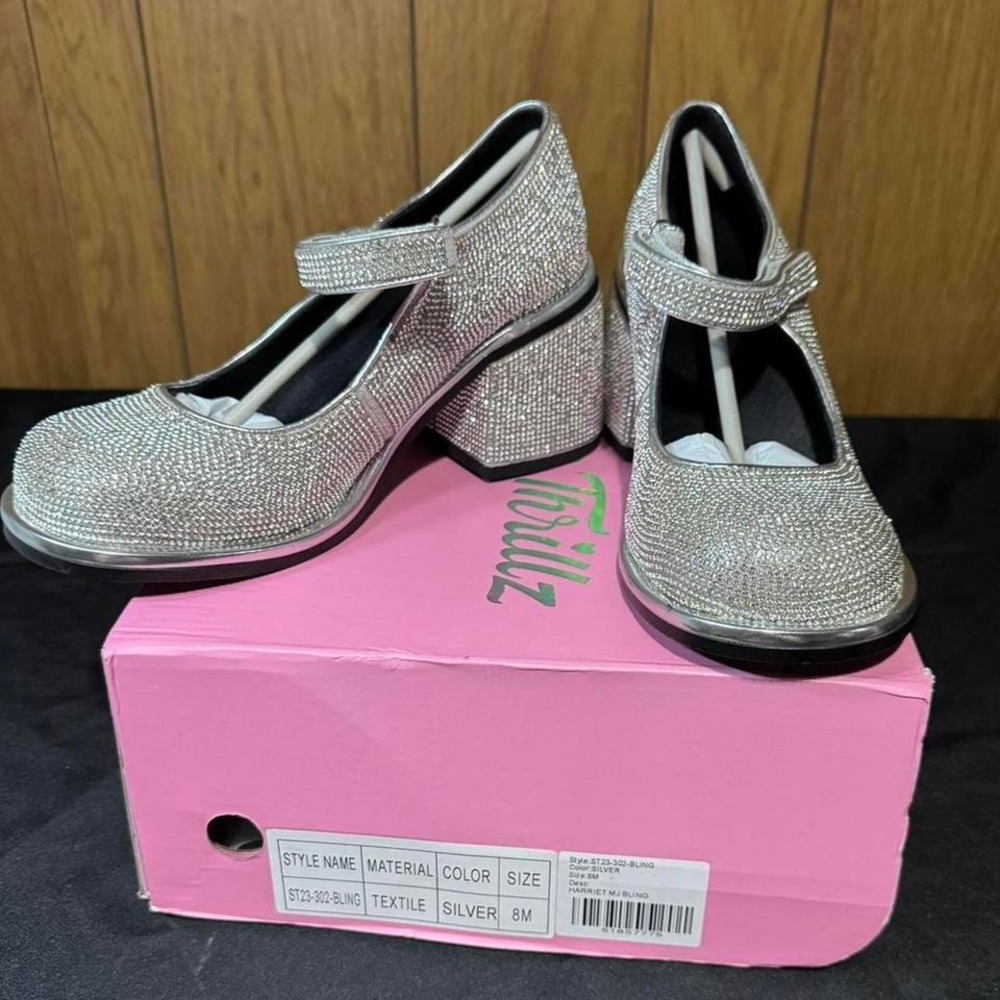 Dolls Killโ Silver rhinestone Mary Jane shoes Size 8 Womens NEW